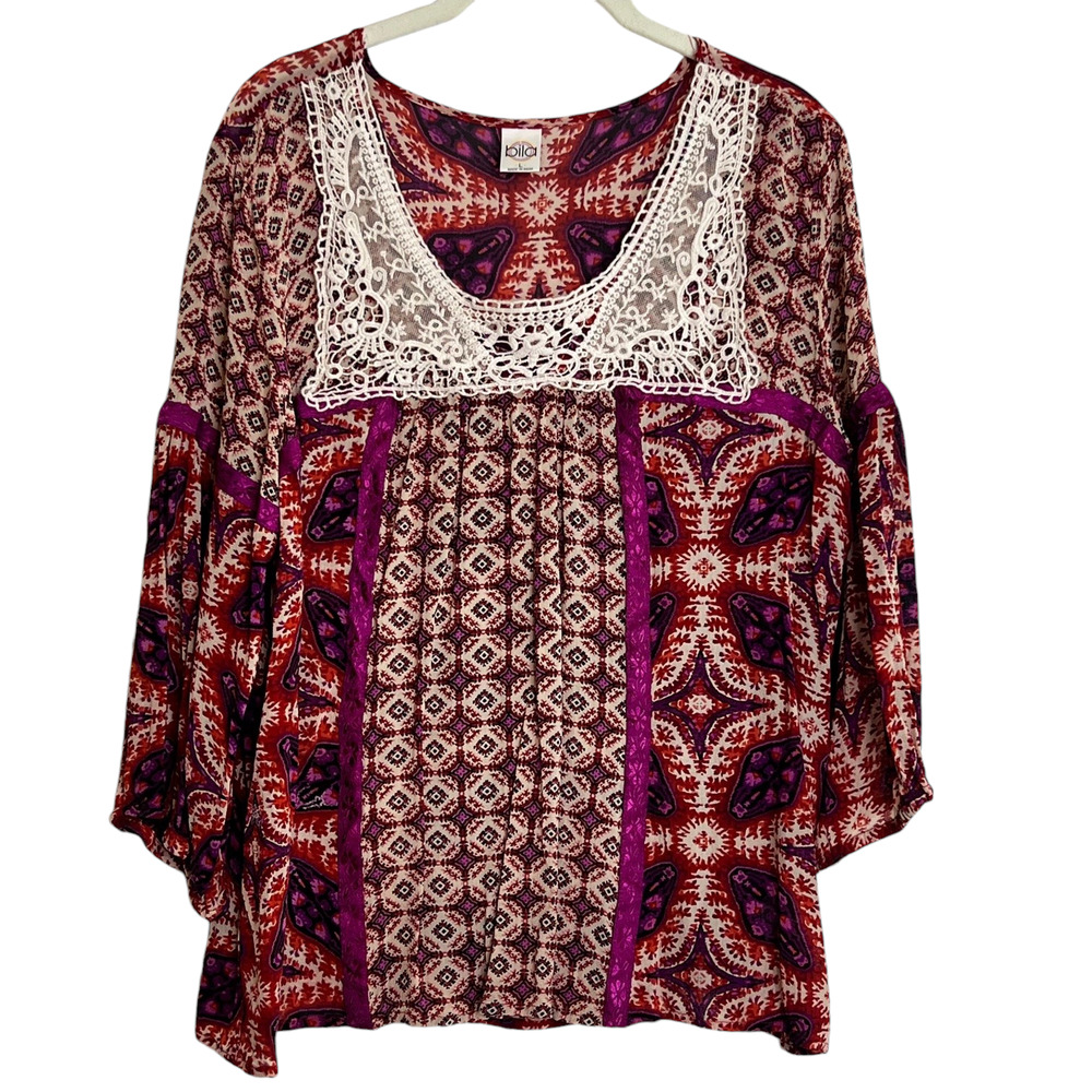 Bila Womens Woven Blouse Large Red Pink Dark Floral Crochet Trim Cottagecore
